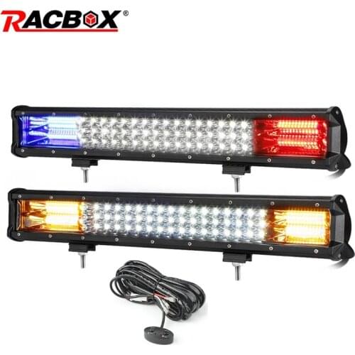 RACBOX 20 inch White Red Blue Flash Strobe Driving Warning Light Waterproof Led Work Light Bar Car Offroad Truck SUV ATV Trailer