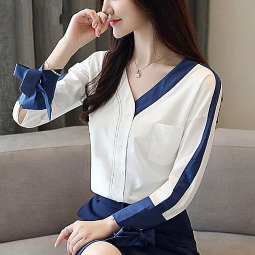 Moda Feminina Blusas Camisas Chiffon Novo 2019 Outono Casual Tops Manga Longa Brancas Com Decote Em V Chiffon