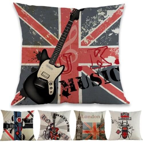 Fashion Vintage Grunge Music With Guitar And Beetle British Fllag GB Rock Throw Pillow Case Home Decorative Sofa Cushion Cover