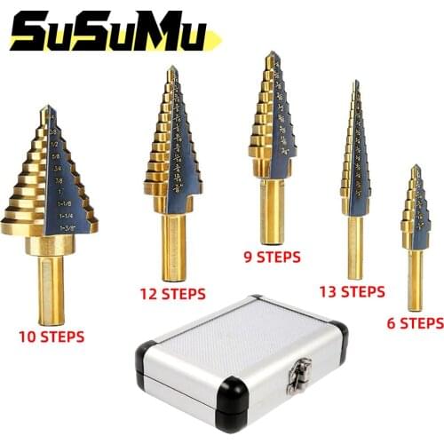 5 Pcs HSS Titanium Coated Step Drill Bit Set Multiple Power Tools Woodworking Metal Twist Wood Hole Cone Stepped Drill Set