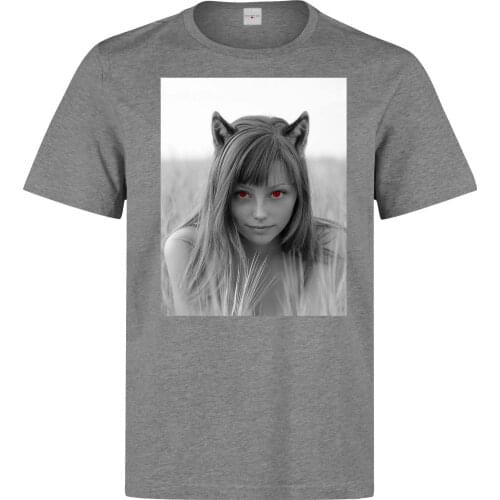 2019 New Summer Men Hot Sale Fashion Red Eyed Wolf Girl Photo Art Mens (womans Available) Grey T Shirt Top Quality Tee Shirt