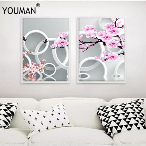 Chinese Style Frameless Poster Wallpaper Pink Plum Modern 3D Canvas Painting Art Poster Print Art Wall Picture Childrens Room