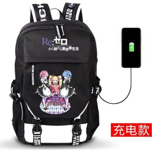 Re:Life in a different world from zero Anime Printing Backpack Cartoon School Bags Travel Bags USB Charging Laptop Bags Rugzak