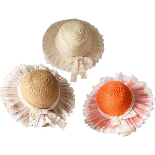 Toddler Girls Straw Sun Hat Kid Girl Princess Beach Hat Wide Brim UV Protection Outdoors Hat with Lace Bowknot 2-6 Years