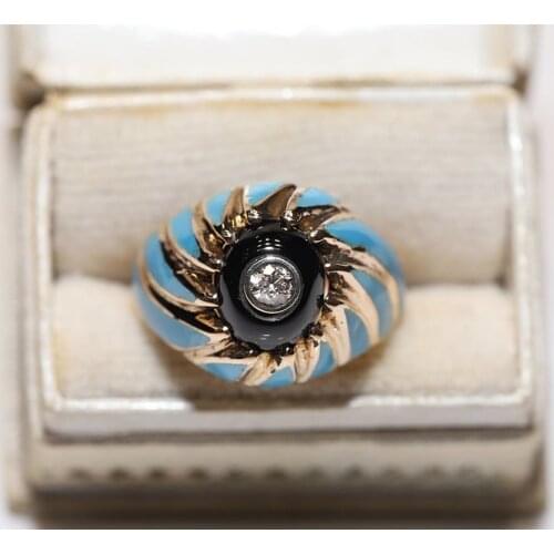 Old Original 14k Gold Vintage Oniks Natural Diamond And Enamel Decorated Pretty Strong Ring