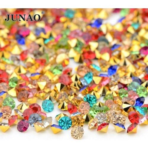 JUNAO Wholesale SS12 3mm Pointback Gold Base Mix Color Resin Rhinestones Nail Art Stones Non Hotfix Strass DIY Decoration