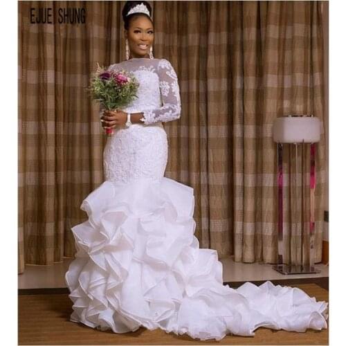 E JUE SHUNG African Mermaid Wedding Dresses Long Sleeve Sheer Neck Layer Bridal Gowns Ruffles Button Back Wedding Gowns