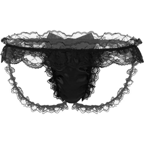 Men Sissy Panties Lingerie Gay Crossdresser Hot Sexy Erotic Underwear Soft Satin Frilly Ruffled Lace Bulge Pouch G-strings Thong
