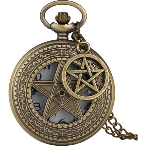 Vintage Quartz Pocket Watch for Female Delicate Hollowed Case with Pentagram Watches Women Slim Chain Pendant zakhorloge