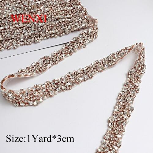 WENXI 10YARD Handmade Sewing On stick on Bridal pearl Crystal Rhinestone Applique Trim For Wedding Dress Sash WX880