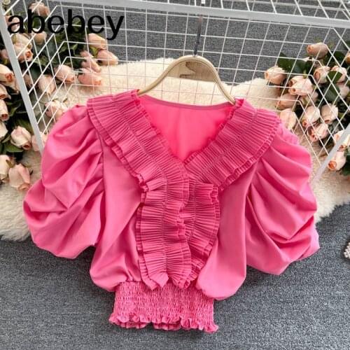 Women Edible Tree Fungus Ruffles Blouse Sweet Puff Sleeve V Neck Elegant Solid Tops Summer Casual Fashion Streetwear Blouse