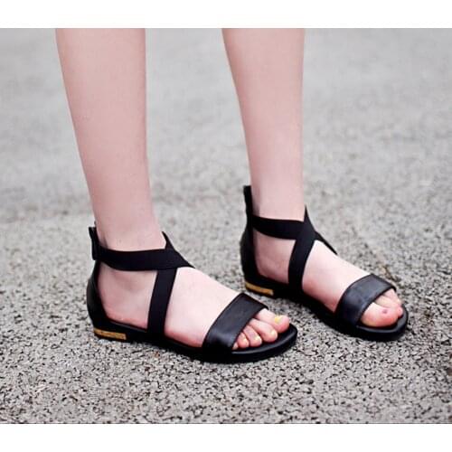 2020 Genuine Leather Low Heels Solid Women Shoes Zip Up Plus Size 34-46 Casual Shoes Woman Summer Sandals