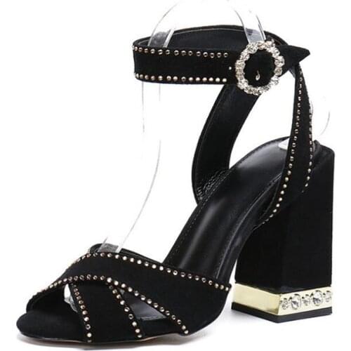 Vogue summer woman black cross strap diamonds buckle chunky high heel sandal real photo large size custom make slingback sandal