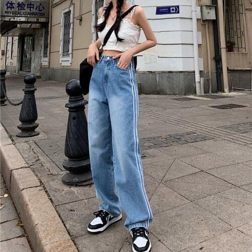 Womens Jeans 2021 Summer Streetwear Vintage Stripe High Waist Wide Leg Pants Casual Baggy Korean Fashion Straight Denim Trouser