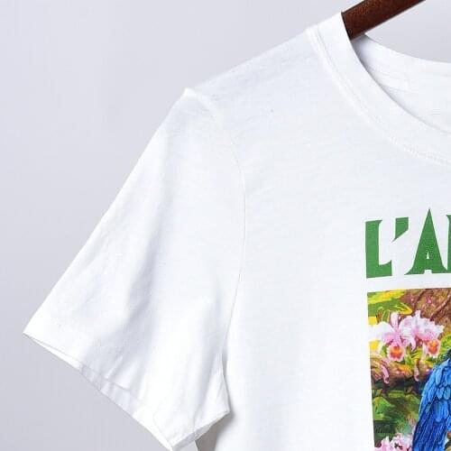 Womens Parrot Letter Printed T-Shirts Cotton 2021 Summer New O-Neck Loose Short-Sleeve Female Tops