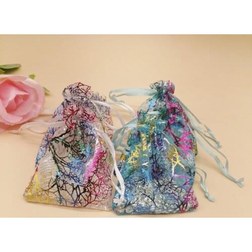 100pcs Colorful Coral Striped Organza Bag Drawstring Pouch Gift Bag for Cloth Christhmas Wedding Jewelry Storage Packaging Bags