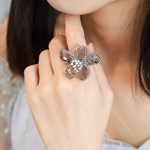2019 Fashion Crystal Petal Rings For Women Gold Silver Color Open Adjustable Female Exaggerate Forefinger Ring Fashion Jewelry