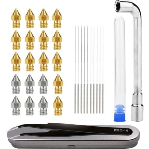3D Printer Nozzle Kit Brass/ Stainless Steel MK8 0.4mm Nozzles For CR-10 Ender 3 Extruder Print Head with Nozzle Cleaner Tool