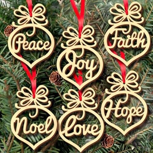 6pcs Wooden Hanging Pendants Hollow Out Letter Xmas Tree New Year Christmas Party Decorations Wood Christmas Tree Ornament