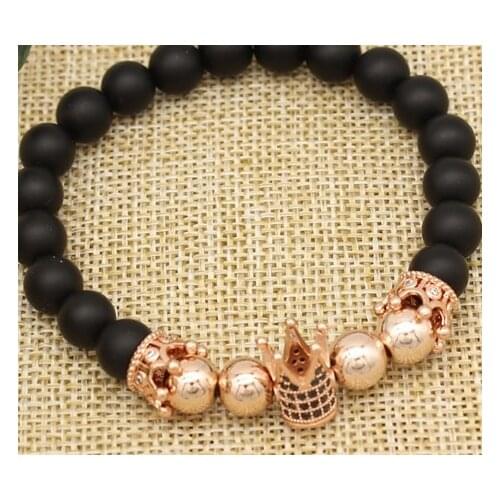 8mm thrt gold silver copper Crown ball micro pave cz zircon cubic zirconia bracelet rope elastic thread adjusted Frosted agate