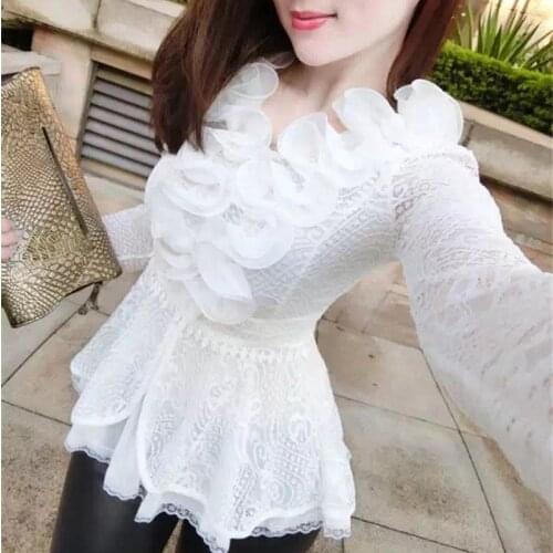 New Spring Autumn Women Blouse Sweet Floral Lace Shirt Long Sleeve Mesh Ruffles Blouses Sexy Lady Slim Short Blusas Tops SF929
