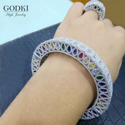 GODKI 2PC African Bangle Ring Set Dubai Bridal Jewelry Sets For Women Wedding Cubic Zircon Crystal aretes de mujer modernos 2020