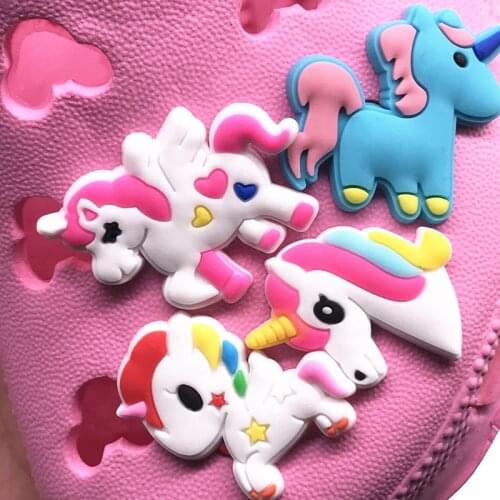 Hot Sale 50Pcs Cartoon Unicorn Ponys Horse Pink Shoes Charms Accessories Fit Croc Jibz Wristbands Backpack Kids Party Gift