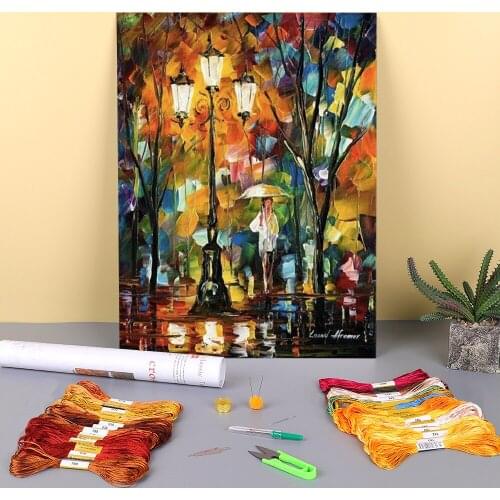 Oil Painting Style Umbrella Printed Water-Soluble Canvas 11CT Cross-Stitch DIY Embroidery Set DMC Threads Craft Wholesale