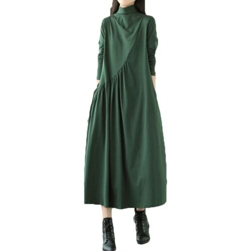 Fashion Plus Size Long-sleeved Dress Womens 2021 Spring Autumn New Style Retro Loose High-neck Mid-length Dress 80A
