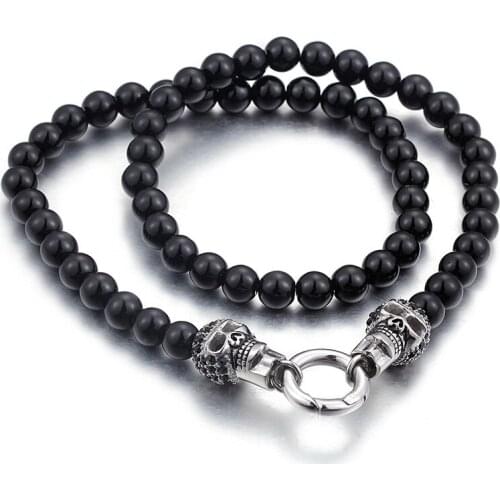 Fate Love Best Seller Europe Mens black stone with stainless steel human skeleton Clasp chain necklace 8mm 20 inch