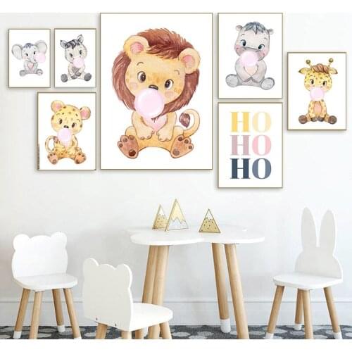Pink Bubble Elephant Giraffe Child Poster Animal Wall Art Canvas Nursery Print Painting Nordic Kid Baby Room Decoration Picture