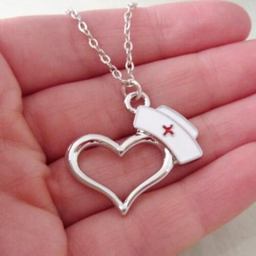 Stainless Steel Enamel Nurse Hat Heart Charms Pendant Necklace Nurse Medical Students Gifts