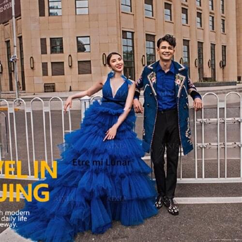 New Fashion 2021 Sexy v neck Blue Evening Dress Tiered Tulle Skirt Ball Gown Elegant Womens Evening Dress BL4228