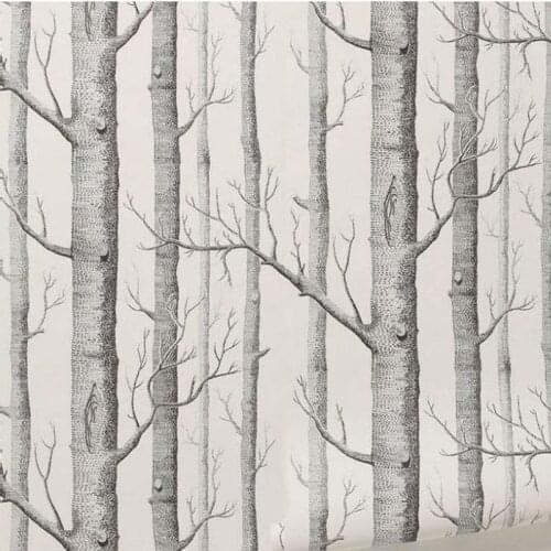 Birch Tree Pattern Non-woven Woods Wallpaper Roll Modern Designer Wallcovering Simple Black And White Wallpaper For Living Room