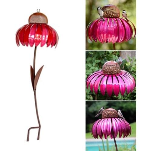 Sensation Pink Coneflower Bird Feeder Standing Bird Feeder Outside Garden Art Metal Birdfeeder with Stand E7