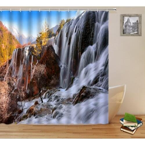 Natural Scenery Shower Curtains Snow Mountain Waterfall River Green Plant Landscape Bathroom Decor Waterproof Polyester Curtain