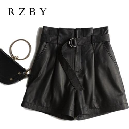 Shorts A-line Elegant Real Fashion High Waist Sheepskin Winter Women Genuine Leather Sashes pantalones cortos de mujer RZBY240