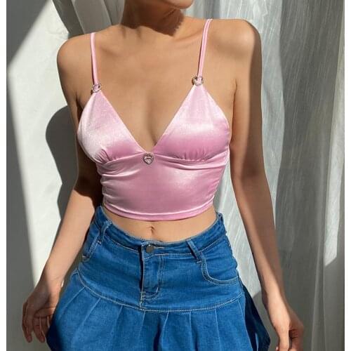 Brown Vintage Y2K Cami Top Women 90s Aesthetic Cute Kawai Clothes Sleeveless V Neck Sexy Satin Tank Tops Summer 2021