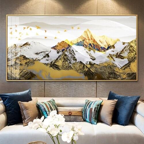WANGART Nordic Golden Mountain Bird Landscape Abstract Canvas Paintings Print Poster Oil Painting For Living Room modern home
