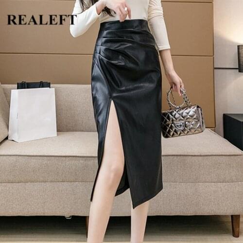 REALEFT 2021 New Womens Black PU Leather Wrap Skirts Office Ladies High Waist Front Split Womens Midi Skirts Female Autumn