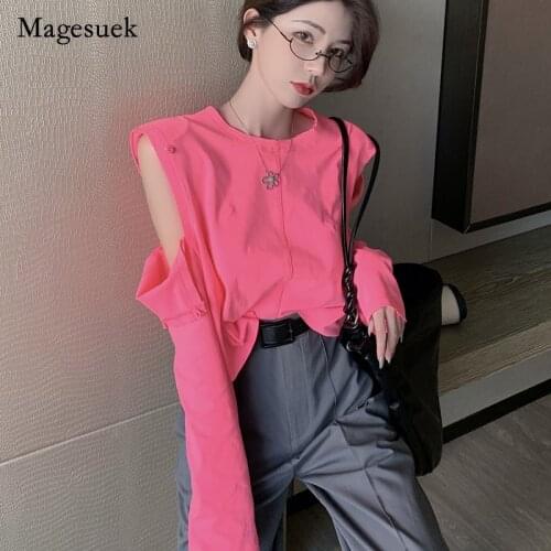 Autumn 2021 Solid O-neck Long Sleeve Off Shoulder Tops for Women Cotton T-shirt Casual Pink White T-shirt Female Clothing 16097