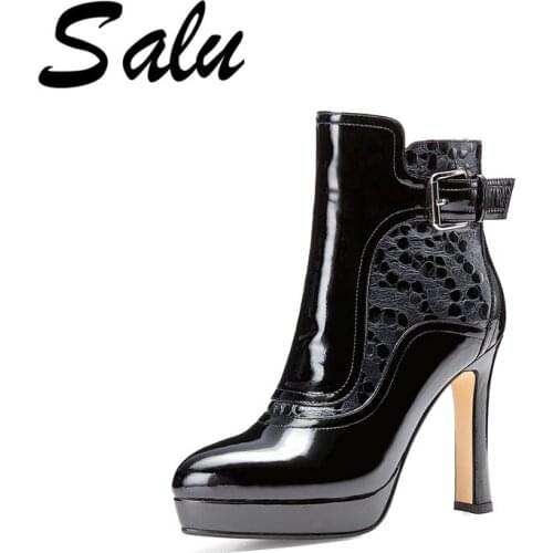 Salu New Style Genuine Leather Ankle Boots Round Toe High Heel Chelsea Boots Calf Leather Women Boots Ladies Shoes