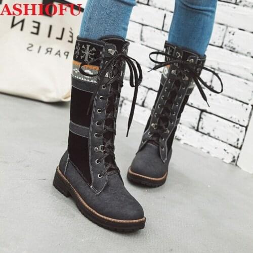 ASHIOFU New Classic Handmade Womens Block Heels Boots Patchwork Leather Party Prom Mid-calf Boots Evening Club Fashion Boots