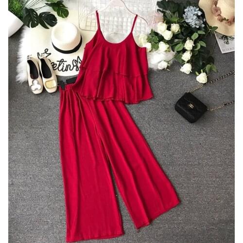 Amolapha Women Solid Chiffon Tank Tops Pants Suits Summer Straps Tops Wide Leg Trousers Sets for Woman