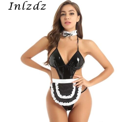 Womens Erotic Lingerie Maid Sex Cosplay Costumes Outfit Role Play Night Wear Backless Thong Leotard Bodysuit with Apron Choker