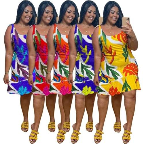 L-4XL 2021 fashion cusual plus size women clothing summer printing sleeveless club sexy mini dress Wholesale Dropshipping