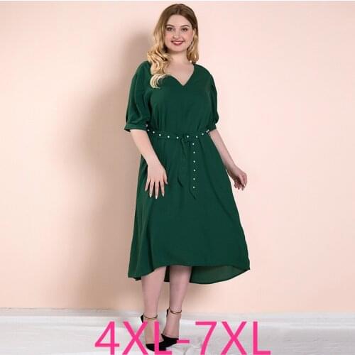 Female summer plus size long dress for women large loose casual short sleeve straight V neck dresses belt green 4XL 5XL 6XL 7XL