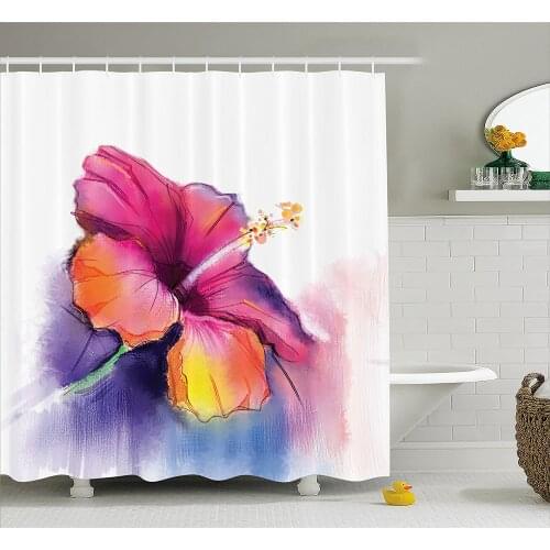 Watercolor Flower Home Decor Shower Curtain Hibiscus Flower in Pastel Abstract Romantic Petal Pattern Fabric Bathroom Decor