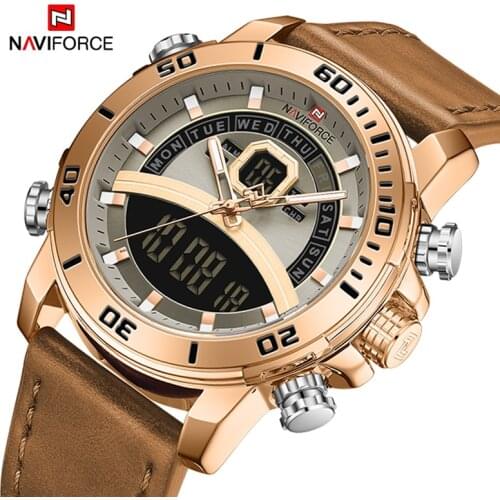 NAVIFORCE Men Sport Watches Military Digital Quartz Wristwatch Male Luxury Gold Waterproof Leather strap Clock Relogio Masculino