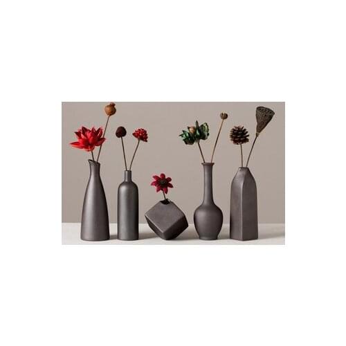 Retro Black Pottery Flower Arrangement Small Vase Decoration Living Room Dried Flower Side TV Cabinet Table Flower Home